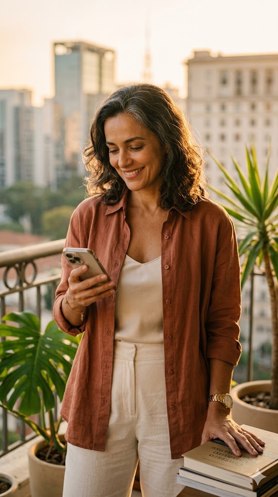 Mulher em momento de serenidade financeira
